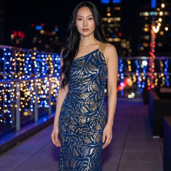 AIDON MATTOX One Shoulder Blue and Gold Dress​ - Picture 3 of 16